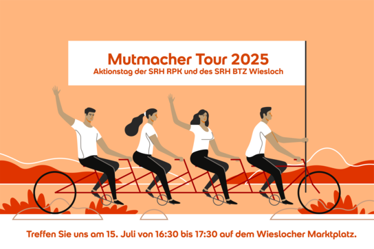 Graphische Darstellung von 2 Frauen und zwei Männer, die auf einem Tandem sitzen. Die zweite und vierte Person winken.
